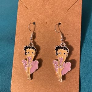 Purple dress enamel Betty boop silver tone earrings